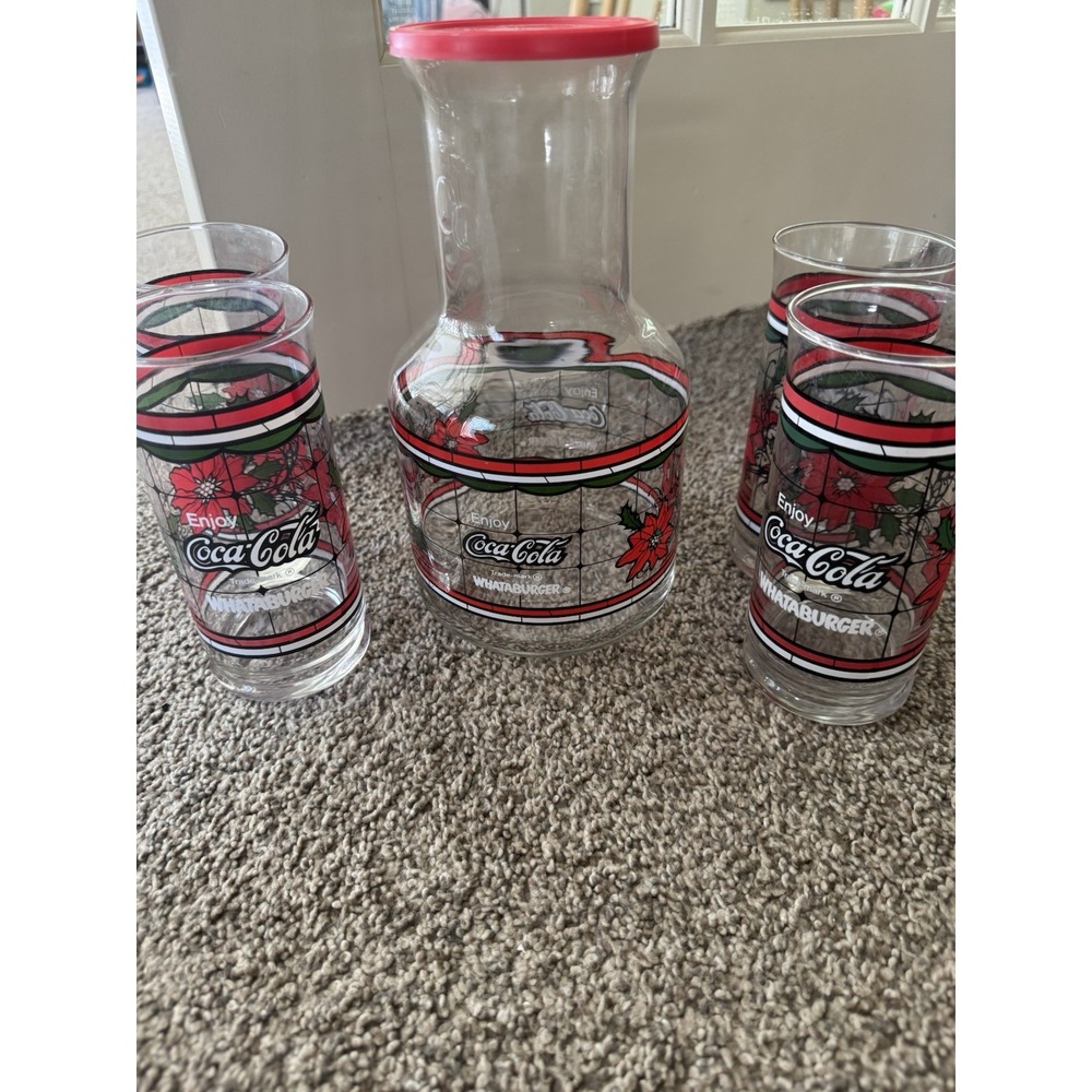 1980's VTG WHATABURGER Coca-Cola Christmas Poinsettia Carafe‎ & 4 Glasses Set